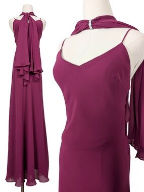 Vintage Vanessa Stevens Fuchsia Gown Size Medium Scarf Chiffon Formal Prom
